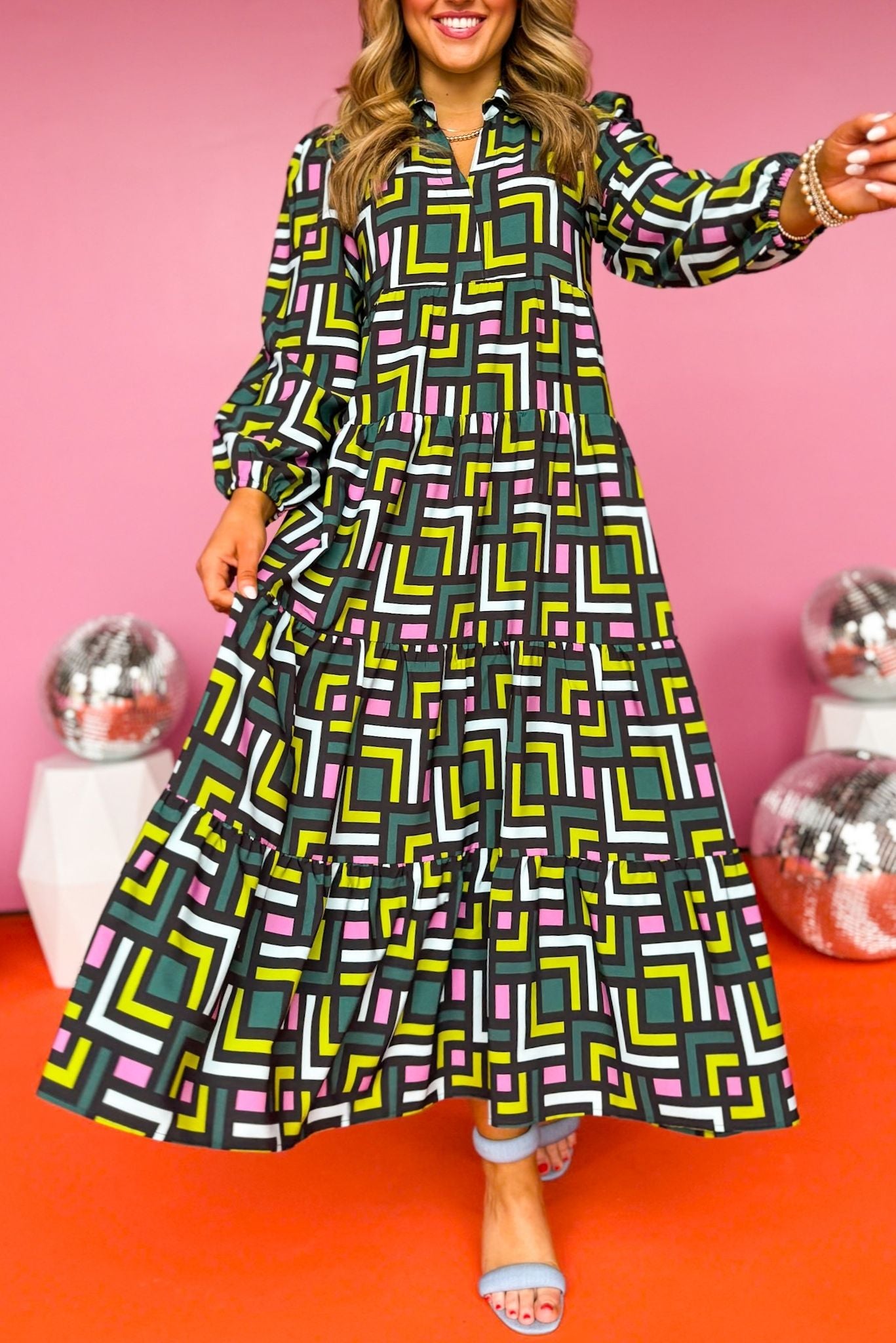 SSYS The Emery Midi Dress In Green Square Print, ssys the label, must have dress, printed dress, church dress, elevated dress, midi dress, mom style, spring style, elevated style, shop style your senses by mallory fitzsimmons