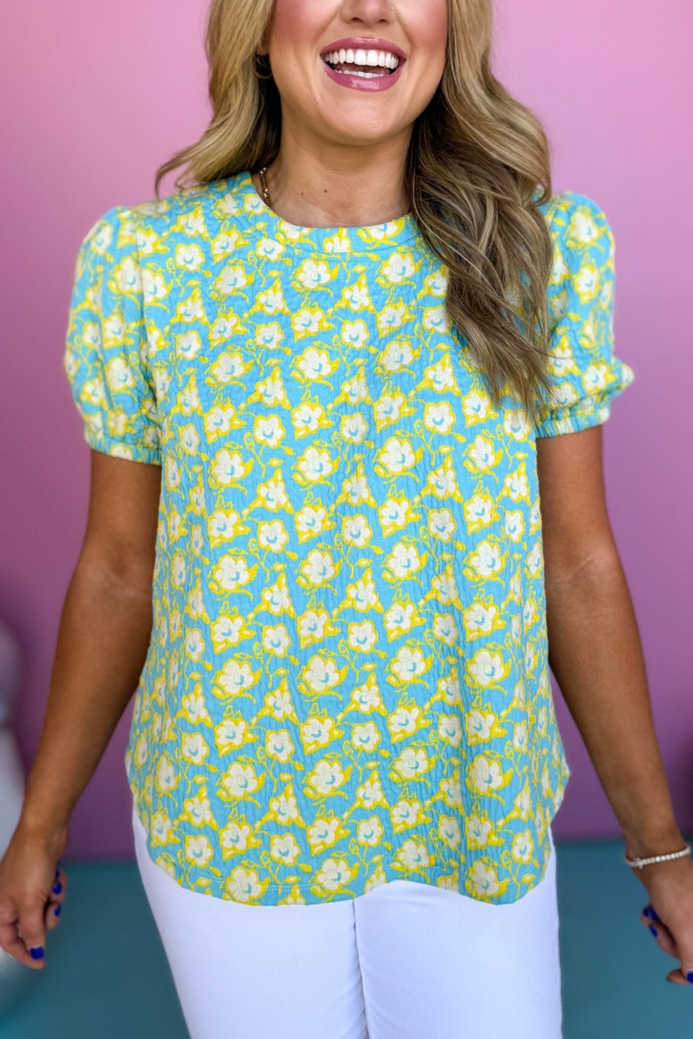 Blue Floral Printed Textured Puff Short Sleeve Top, textured top, floral top, must have top, must have style, date night style, summer style, spring fashion, elevated style, elevated top, mom style, shop style your senses by mallory fitzsimmons, ssys by mallory fitzsimmons