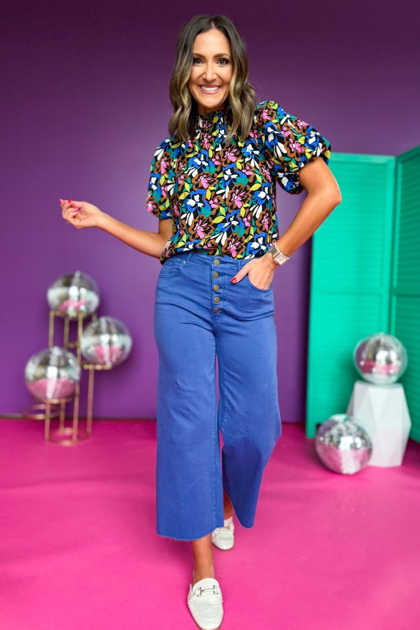 THML Black Floral Printed Frilled Neck Puff Short Sleeve Top, must have top, must have style, office style, winter fashion, elevated style, elevated top, mom style, work top, shop style your senses by mallory fitzsimmons
