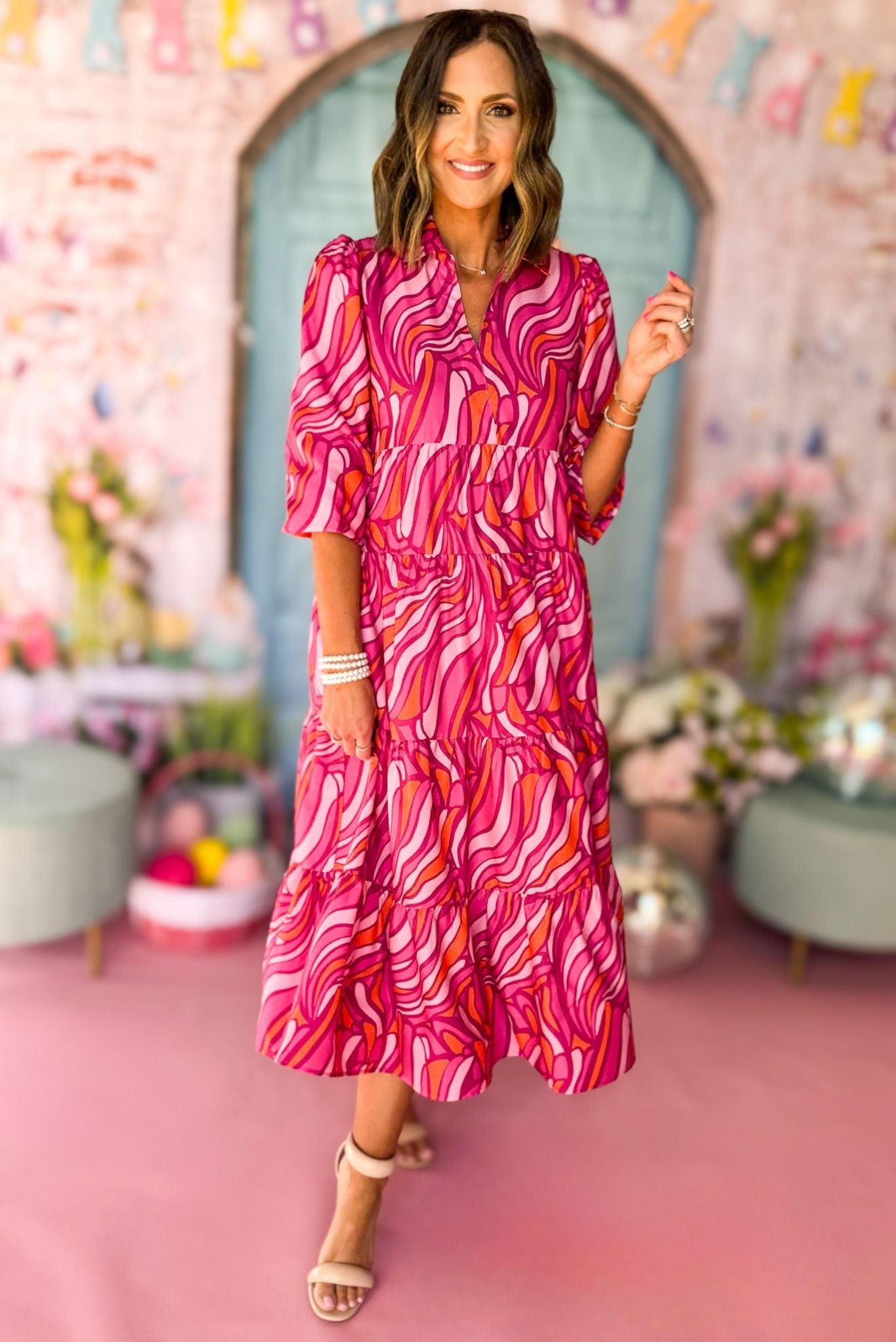 SSYS The Emery Midi Dress In Magenta Orange Swirl, ssys the label, must have dress, printed dress, easter dress, must have easter dress, spring fashion, mom style, brunch style, church style, shop style your senses by mallory fitzsimmons, ssys by mallory fitzsimmons
