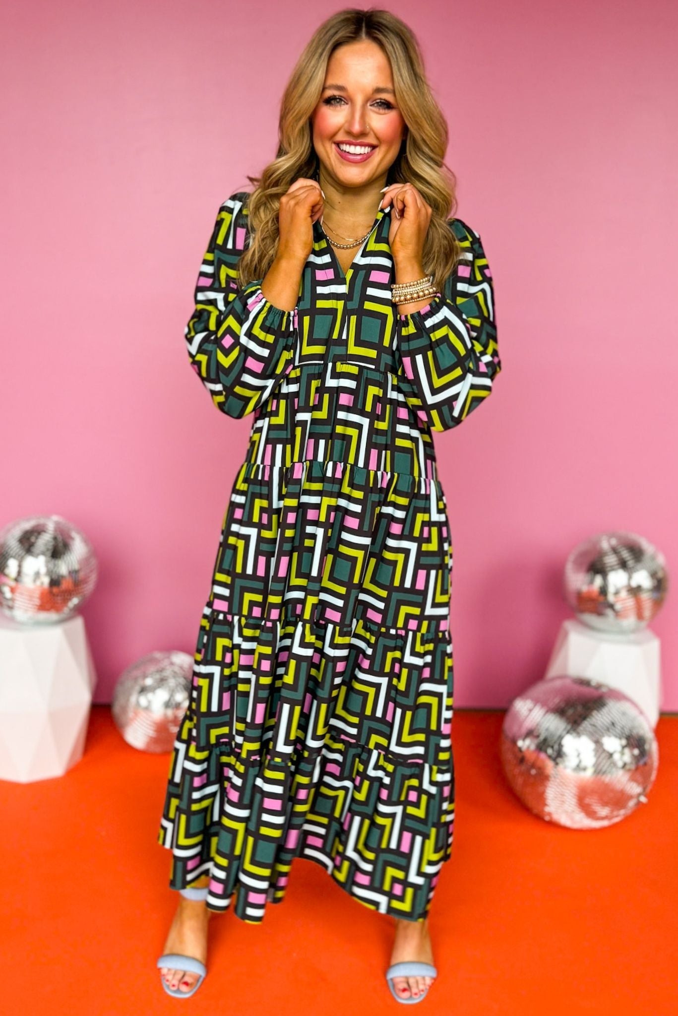 SSYS The Emery Midi Dress In Green Square Print, ssys the label, must have dress, printed dress, church dress, elevated dress, midi dress, mom style, spring style, elevated style, shop style your senses by mallory fitzsimmons