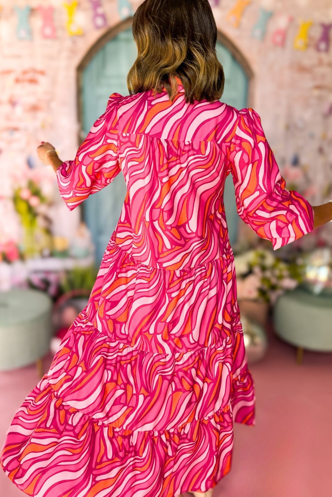 SSYS The Emery Midi Dress In Magenta Orange Swirl, ssys the label, must have dress, printed dress, easter dress, must have easter dress, spring fashion, mom style, brunch style, church style, shop style your senses by mallory fitzsimmons, ssys by mallory fitzsimmons