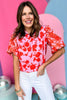 Pink Two Tone Ruffle Split Neck Puff Short Sleeve Embroidered Top, pink and red top, must have top, must have style, brunch style, summer style, spring fashion, elevated style, elevated top, mom style, shop style your senses by mallory fitzsimmons, ssys by mallory fitzsimmons