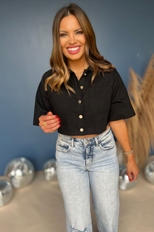 Back Short Sleeve Button Up Denim Top, top, denim top, collared top, button up top, black top, black denim top, black collared top, black button up top, black button up denim top, must have top, elevated top, elevated style, summer top, summer style, Shop Style Your Senses by Mallory Fitzsimmons, SSYS by Mallory Fitzsimmons