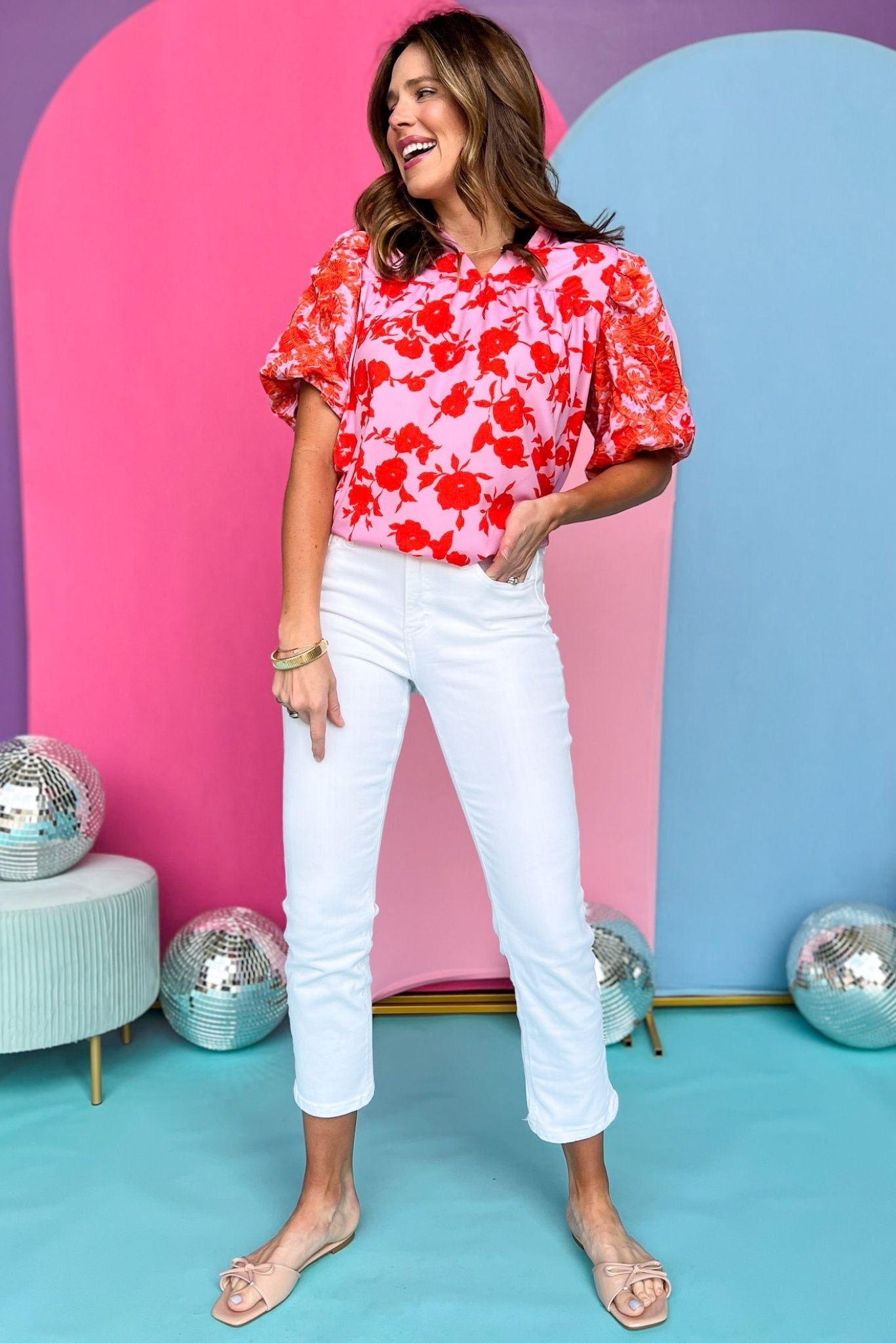 Pink Two Tone Ruffle Split Neck Puff Short Sleeve Embroidered Top, pink and red top, must have top, must have style, brunch style, summer style, spring fashion, elevated style, elevated top, mom style, shop style your senses by mallory fitzsimmons, ssys by mallory fitzsimmons