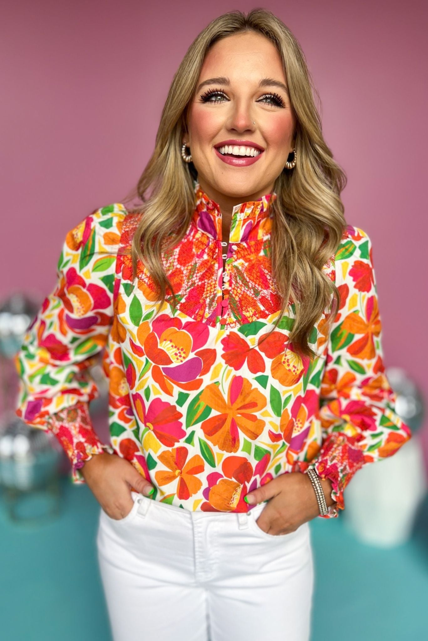 Coral Multi Floral Print Smocked High Neck Long Sleeve Top, embroidered top, floral top, printed top, must have top, must have style, brunch style, summer style, spring fashion, elevated style, elevated top, mom style, shop style your senses by mallory fitzsimmons, ssys by mallory fitzsimmons