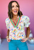 White Multi Color Rope Trim V Neck Floral Printed Top, colorful top, floral top, must have top, must have style, brunch style, summer style, spring fashion, elevated style, elevated top, mom style, shop style your senses by mallory fitzsimmons, ssys by mallory fitzsimmons