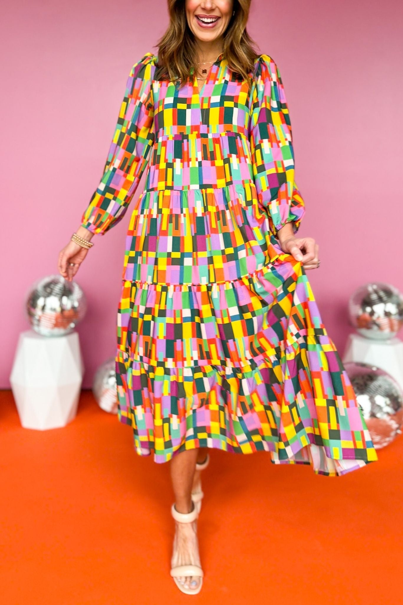 SSYS The Emery Midi Dress In Multi Rectangle Print, ssys the label, must have dress, printed dress, church dress, elevated dress, midi dress, mom style, spring style, elevated style, shop style your senses by mallory fitzsimmons