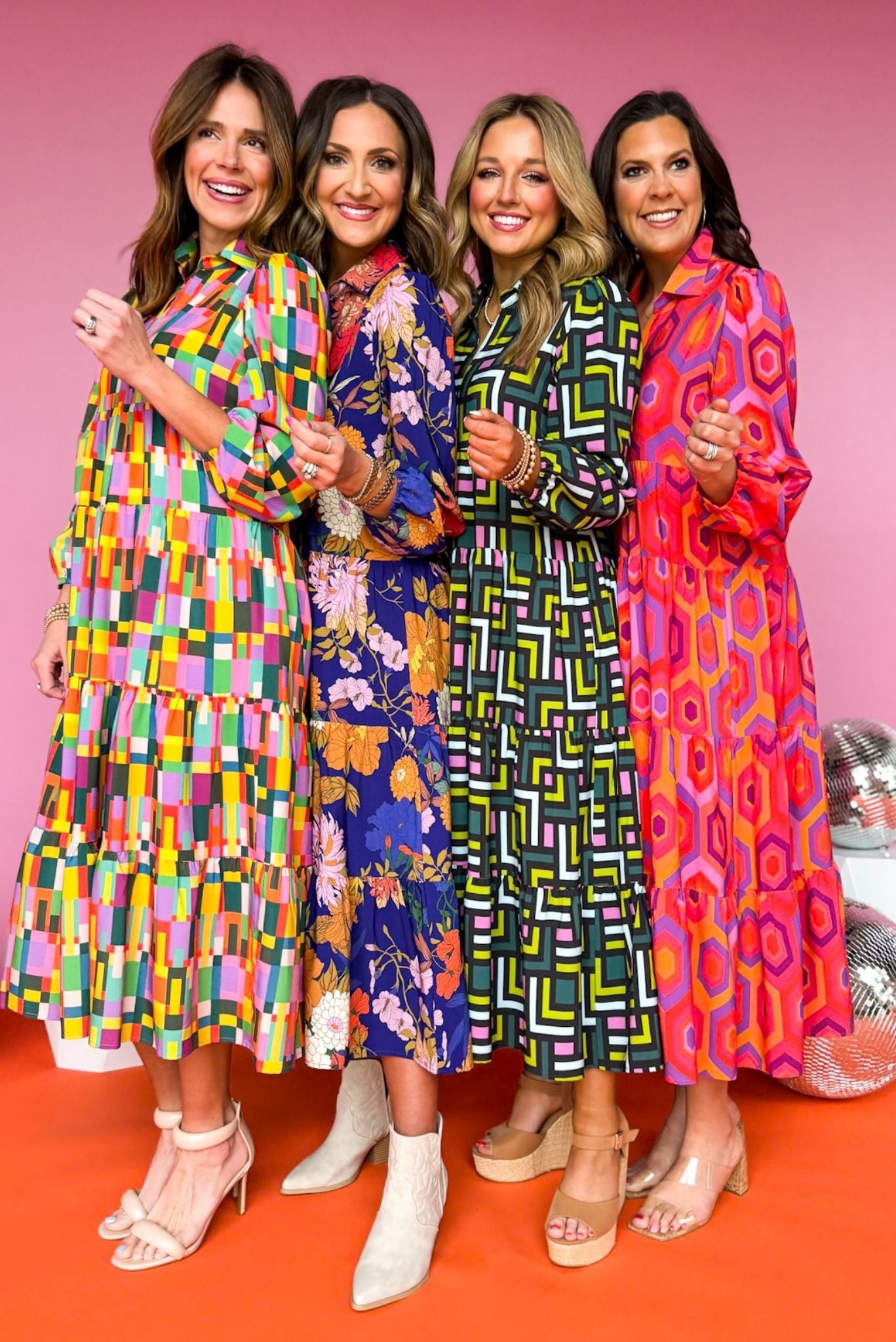 SSYS The Emery Midi Dress In Pink Orange Hexagon Print, ssys the label, must have dress, printed dress, church dress, elevated dress, midi dress, mom style, spring style, elevated style, shop style your senses by mallory fitzsimmons