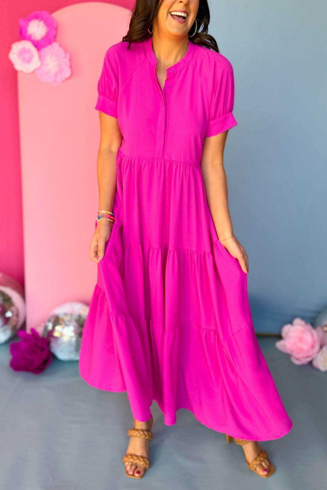 Magenta Button Front Tiered Short Sleeve Maxi Dress, maxi dress, must have dress, must have style, church style, spring fashion, elevated style, elevated dress, mom style, work dress, shop style your senses by mallory fitzsimmons
