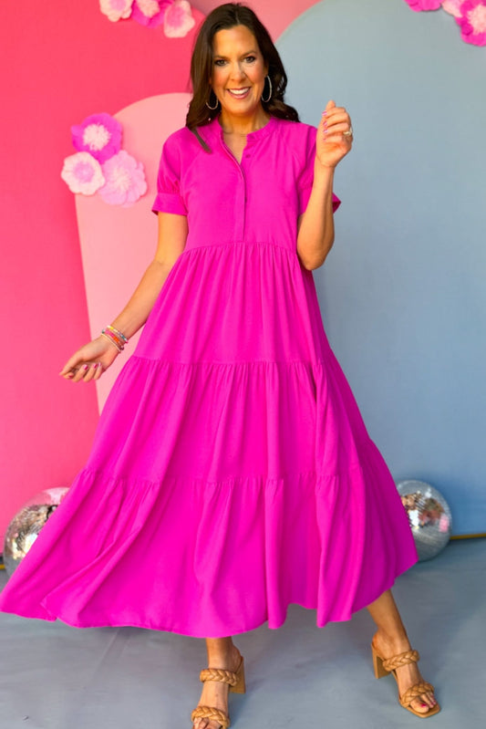 Magenta Button Front Tiered Short Sleeve Maxi Dress, maxi dress, must have dress, must have style, church style, spring fashion, elevated style, elevated dress, mom style, work dress, shop style your senses by mallory fitzsimmons