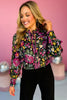 Black Floral Printed Piping Detail Long Sleeve Top, must have top, must have style, office style, winter fashion, elevated style, elevated top, mom style, work top, shop style your senses by mallory fitzsimmons