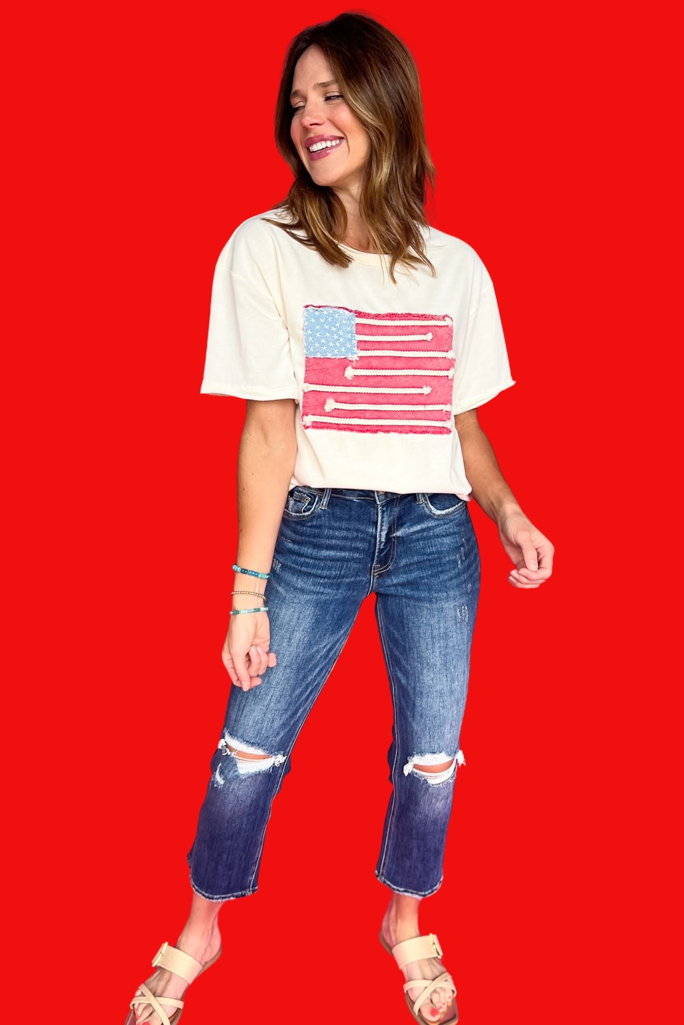 Ivory Drop Shoulder Natural Hem Short Sleeve American Flag Top, t-shirt, must have tee, elevated tee, Fourth of July style, must have style, patriotic style, summer style, summer top, ssys by MALLORY FITZSIMMONS