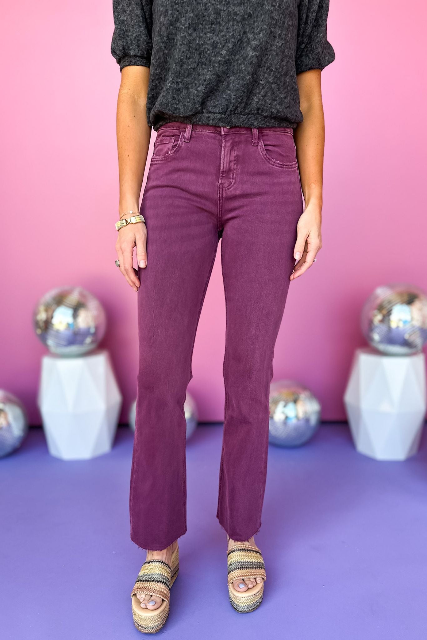 Lovervet By Vervet Plum Mid Rise Raw Ankle Hem Bootcut Jean, must have jeans, must have style, must have denim, spring fashion, spring style, street style, mom style, elevated comfortable, elevated style, shop style your senses by mallory fitzsimmons