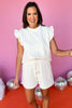SSYS The Charlie Bow Quilted Ruffle Shoulder Shorts Set In Ivory *FINAL SALE*, SSYS THE LABEL, SSYS BOW SETS, MATCHING SET, SATURDAY STEAL, MUST HAVE SET, ELEVATED SET, SUMMER SET, SSYS BY MALLORY FITZSIMMONS  Edit alt text