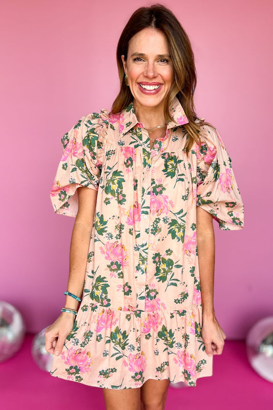 Peach Multi Floral Print Collared Button Down Ruffle Dress, must have dress, must have style, weekend style, brunch style, spring fashion, elevated style, elevated style, mom style, shop style your senses by mallory fitzsimmons, ssys by mallory fitzsimmons
