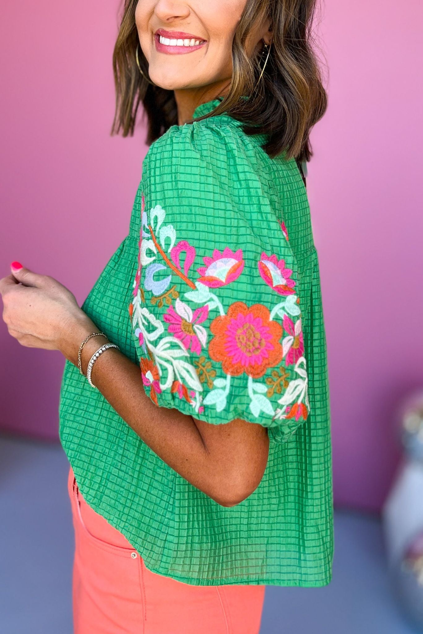 THML Green Frill V Neck Puff Sleeve Sheer Embroidered Top, must have top, must have style, brunch style, spring fashion, elevated style, elevated top, mom style, shop style your senses by mallory fitzsimmons, ssys by mallory fitzsimmons