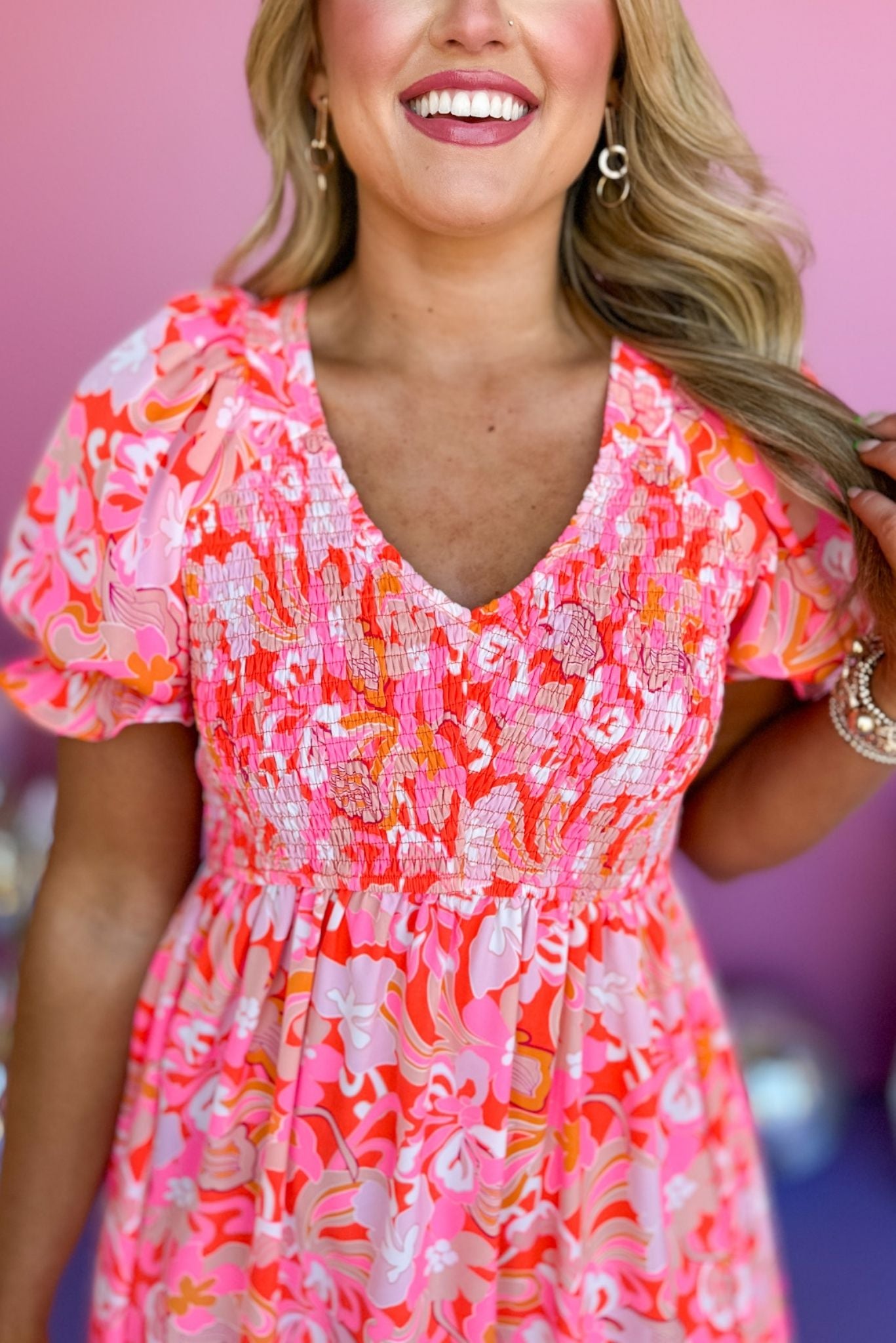 Hot Pink Mix Deep V Neck Puff Sleeve Midi Dress, must have dress, must have style, summer style, spring fashion, elevated style, elevated dress, mom style, shop style your senses by mallory fitzsimmons, ssys by mallory fitzsimmons  Edit alt text