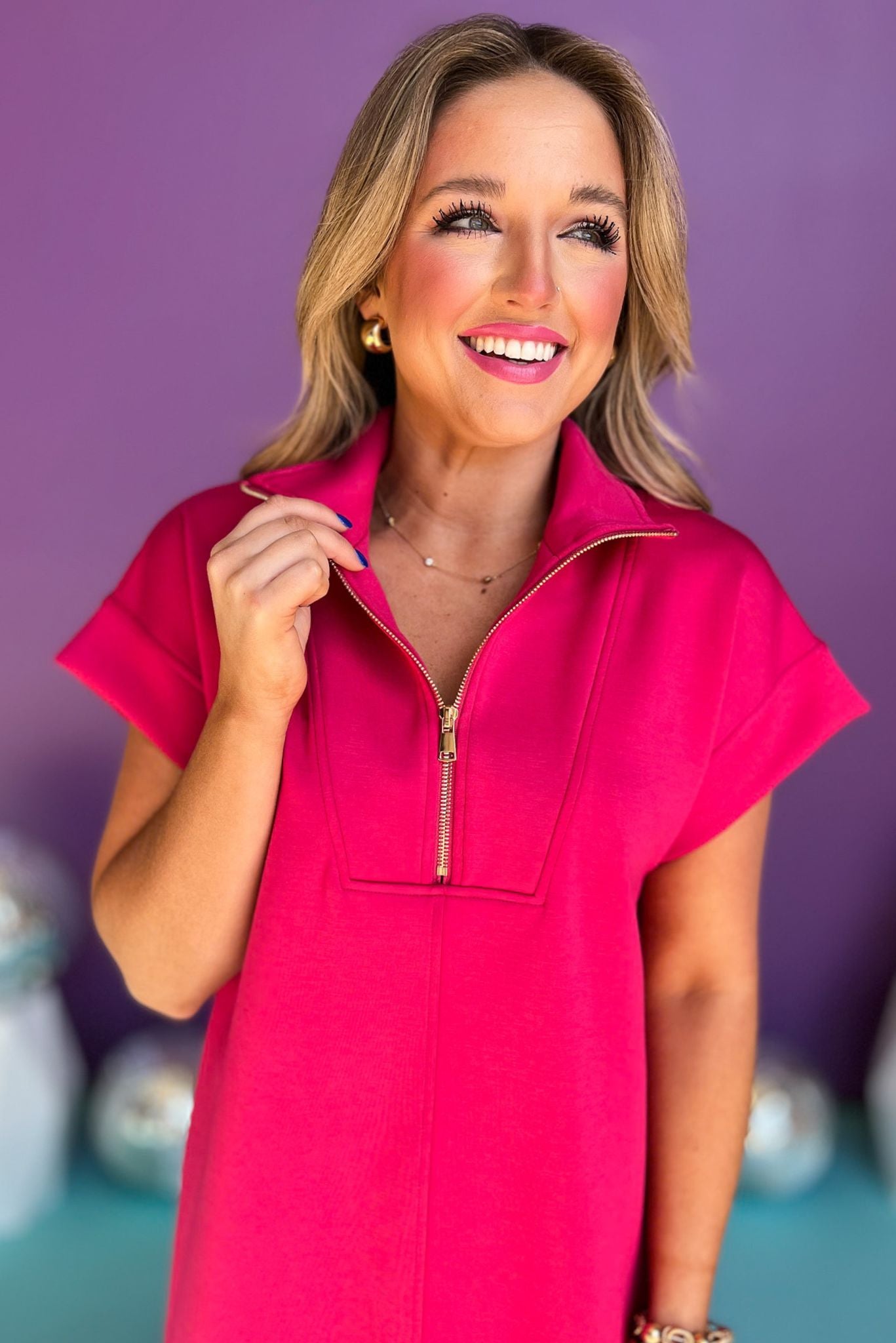 SSYS The Taylor Air 3/4 Zip Dress In Hot Pink, ssys the label, air dress, air fabric, must have dress, spring fashion, affordable fashion, elevated dress, shop style your senses by mallory fitzsimmons, ssys by mallory fitzsimmons