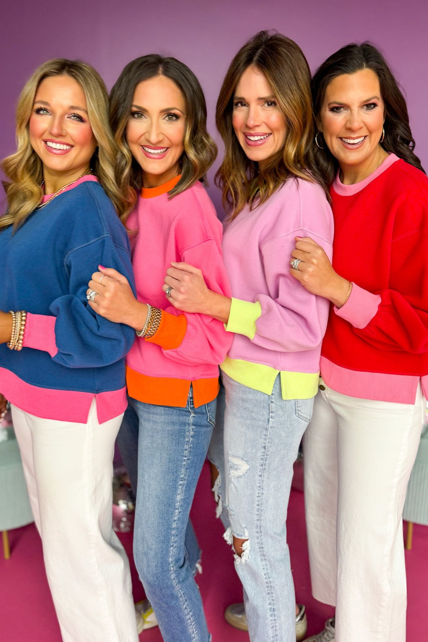 SSYS The Sloan Colorblock Bubble Sleeve Sweatshirt In Lilac, SSYS the label, must have sweatshirt, colorblock sweatshirt, elevated style, elevated sweatshirt, must have style, casual style, mom style, shop style your senses by mallory fitzsimmons