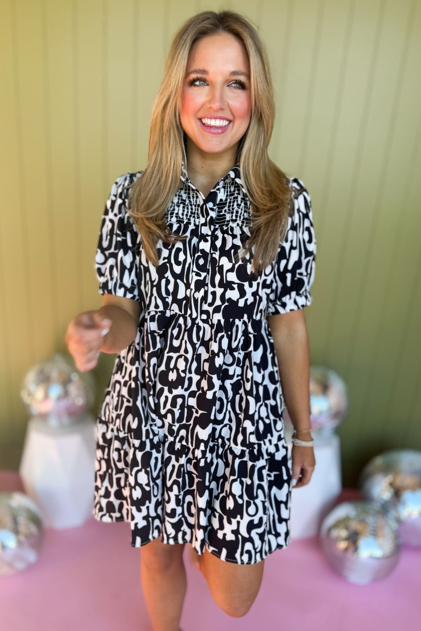 Black Print Collared Smocked Yoke Wide Ruffled Hemline Dress, spring dress, smocking, ruffle hemline, puff sleeve, spring look, ssys, shop ssys, shop ssys by mallory fitzsimmons