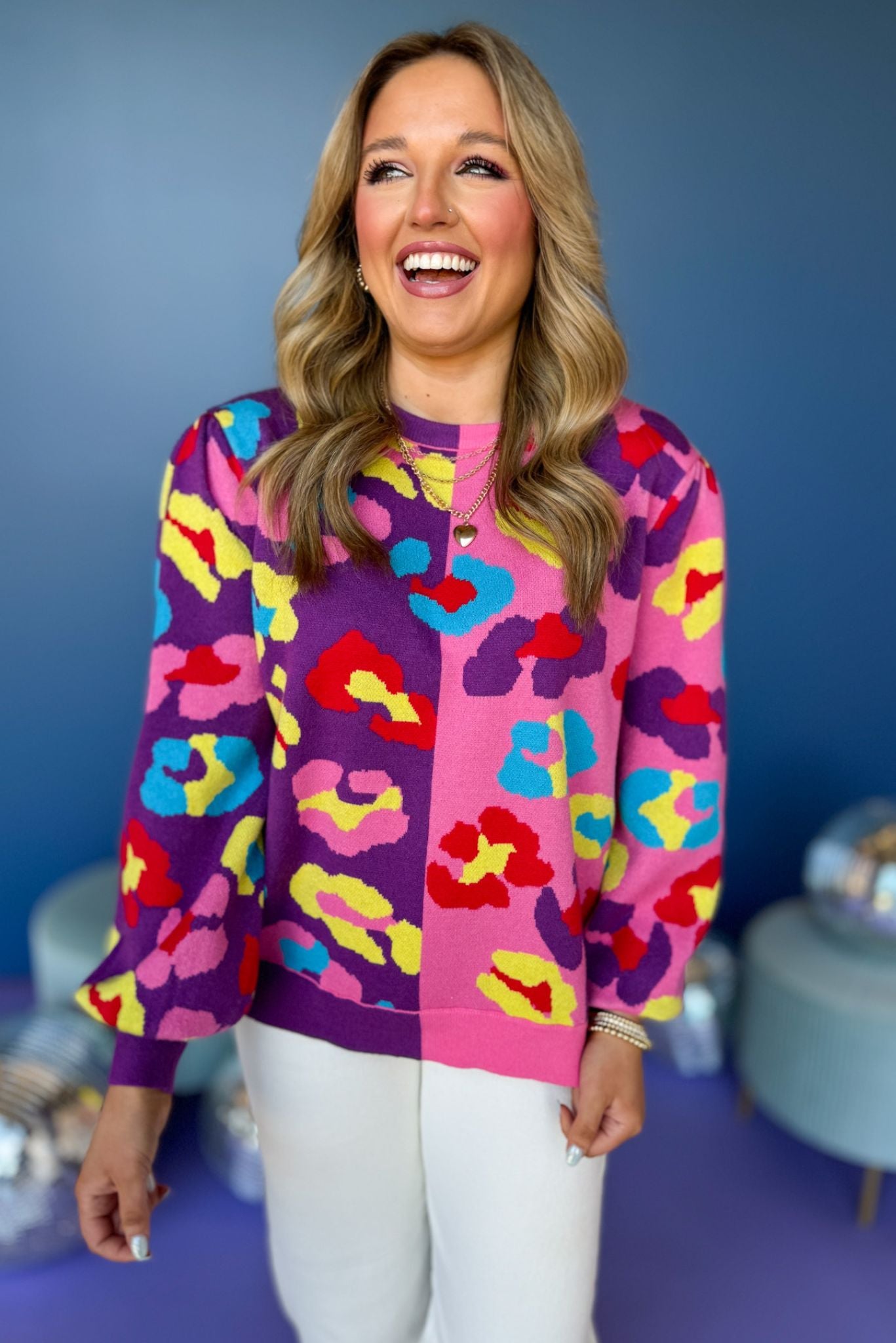 Pink Purple Color Block Animal Print Sweater