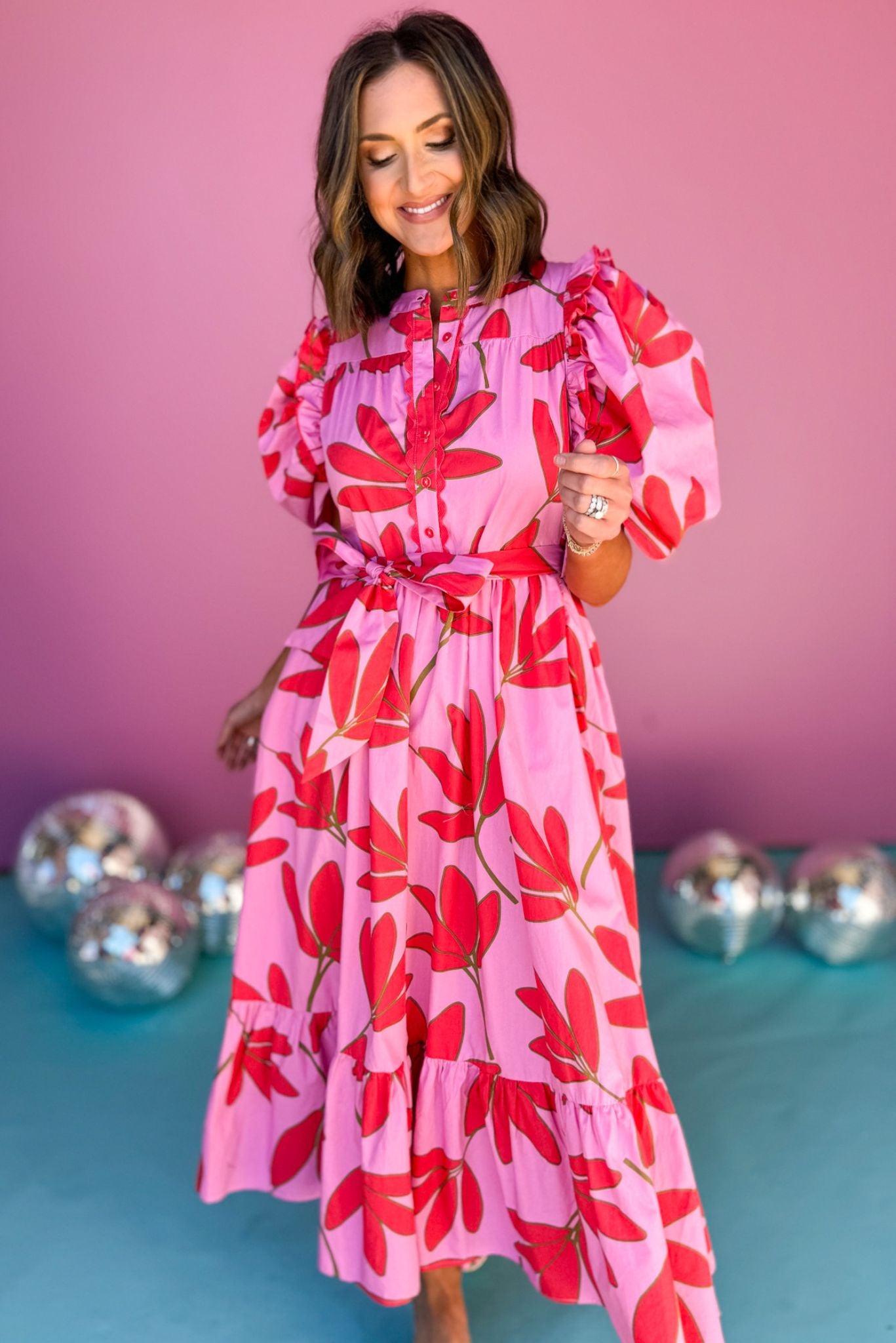 Karlie Pink Multi Print Ruffle Shoulder Puff Sleeve Tiered Maxi Dress, must have dress, must have style, summer style, spring fashion, elevated style, elevated dress, mom style, shop style your senses by mallory fitzsimmons, ssys by mallory fitzsimmons