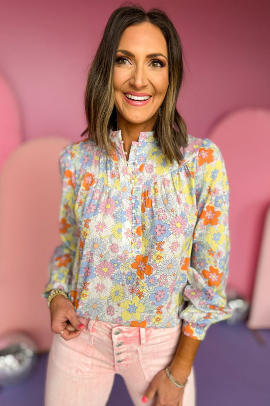 Yellow Multi Floral Print Pintuck Detail Long Sleeve Top, floral top, pastel top, spring top, spring fashion, elevated top, must have style, must have floral, mom style, shop style your senses by mallory fitzsimmons, ssys by mallory fitzsimmons
