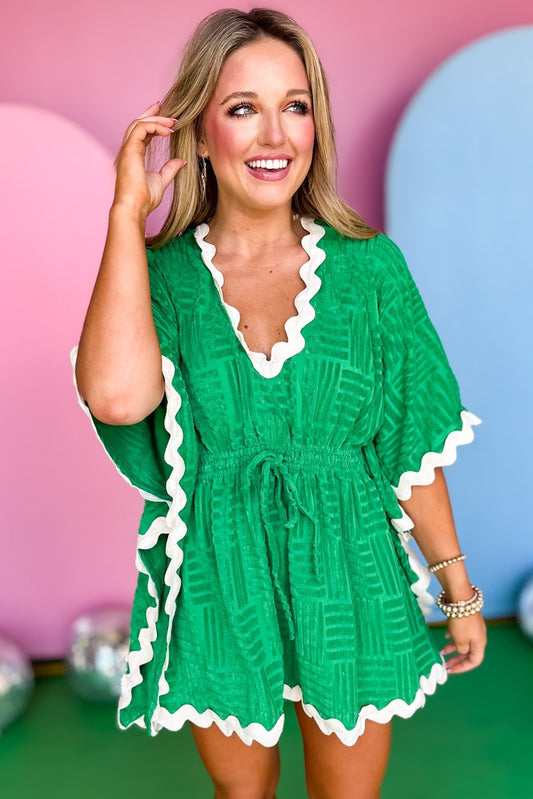 Green Textured Terry Ric Rac Trim V Neck Elastic Tie Waist Swim Cover, swim cover, Terry swim cover, must have swim cover, elevated swim cover, ric rack, mom style, summer style, ssys by Mallory Fitzsimmons