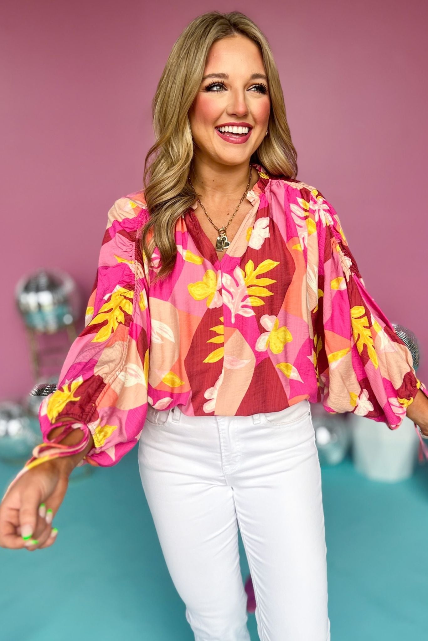 Pink Print Frill V Neck Elastic Drawstring Dolman Sleeve Top, printed top, tropical print, must have top, must have style, brunch style, summer style, spring fashion, elevated style, elevated top, mom style, shop style your senses by mallory fitzsimmons, ssys by mallory fitzsimmons