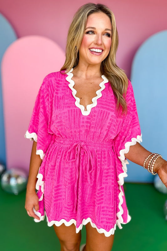 Hot Pink Textured Terry Ric Rac Trim V Neck Elastic Tie Waist Swim Cover, swim cover, Terry swim cover, must have swim cover, elevated swim cover, ric rack, mom style, summer style, ssys by Mallory Fitzsimmons