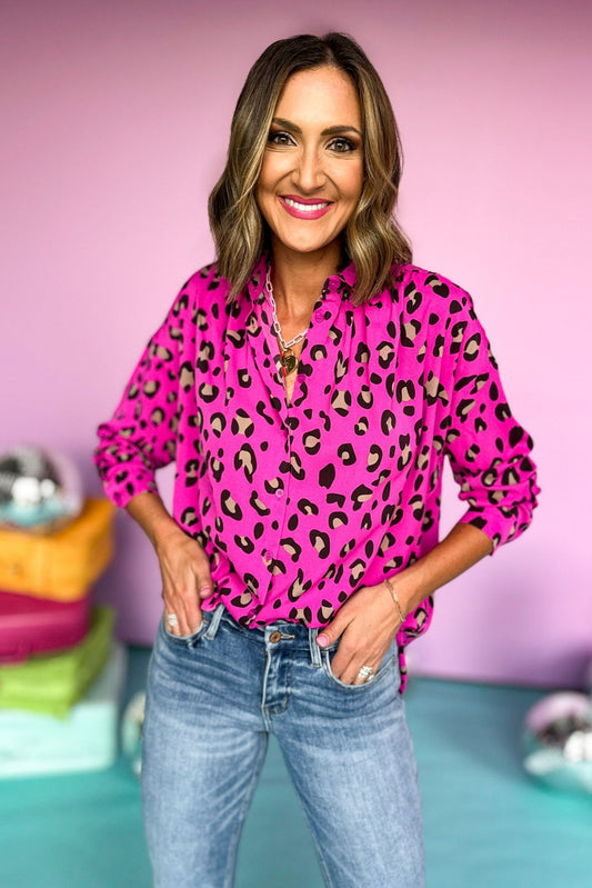 Hot Pink Animal Print Collared Button Down Top, summer top, bright colored top, elevated style, shop style your senses by mallory fitzsimmons