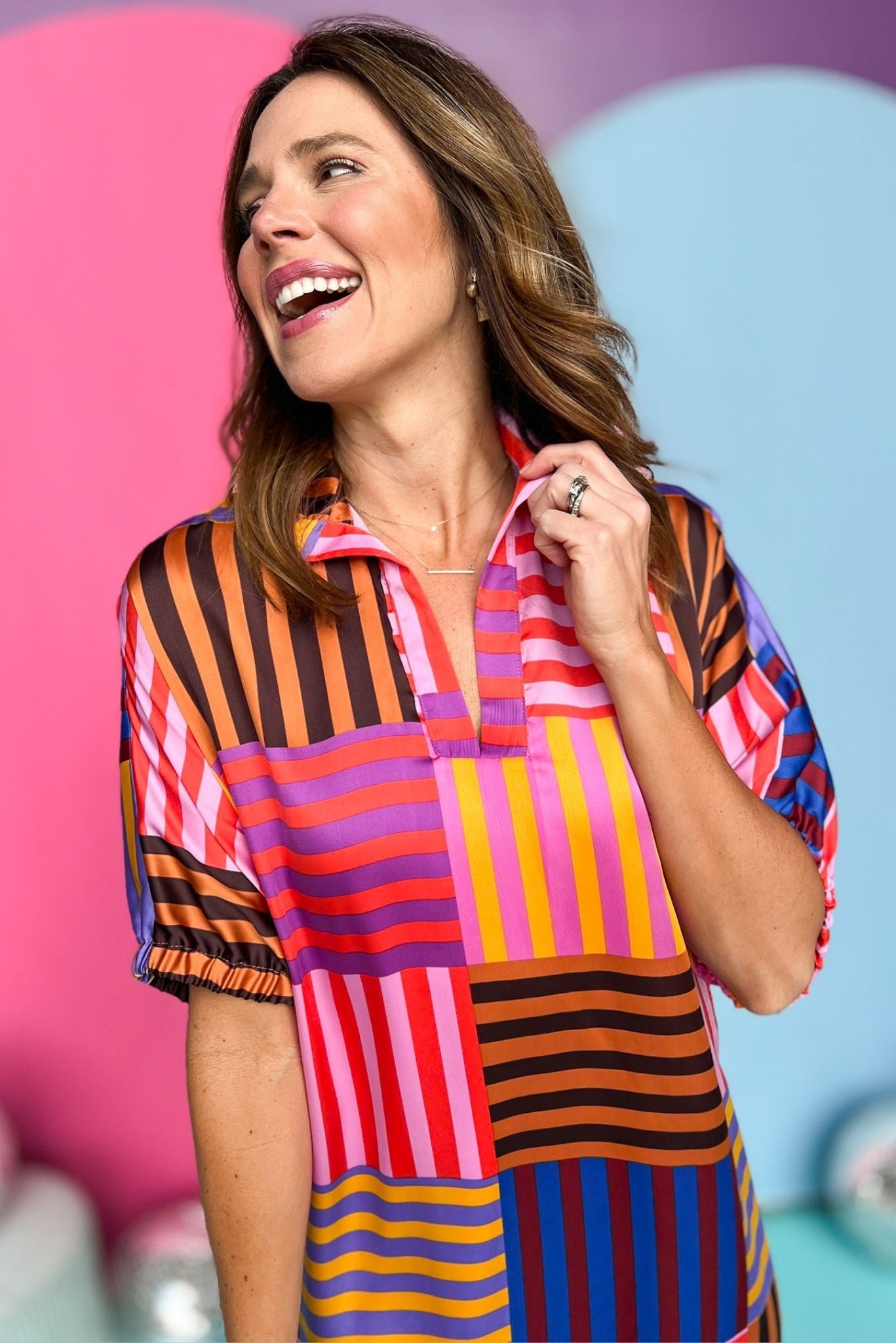 Lavender Multi Striped Stand Collar V Neck Drop Shoulder Dress, striped dress, colorful dress, must have dress, must have style, weekend style, spring fashion, elevated style, elevated dress, mom style, shop style your senses by mallory fitzsimmons, ssys by mallory fitzsimmons