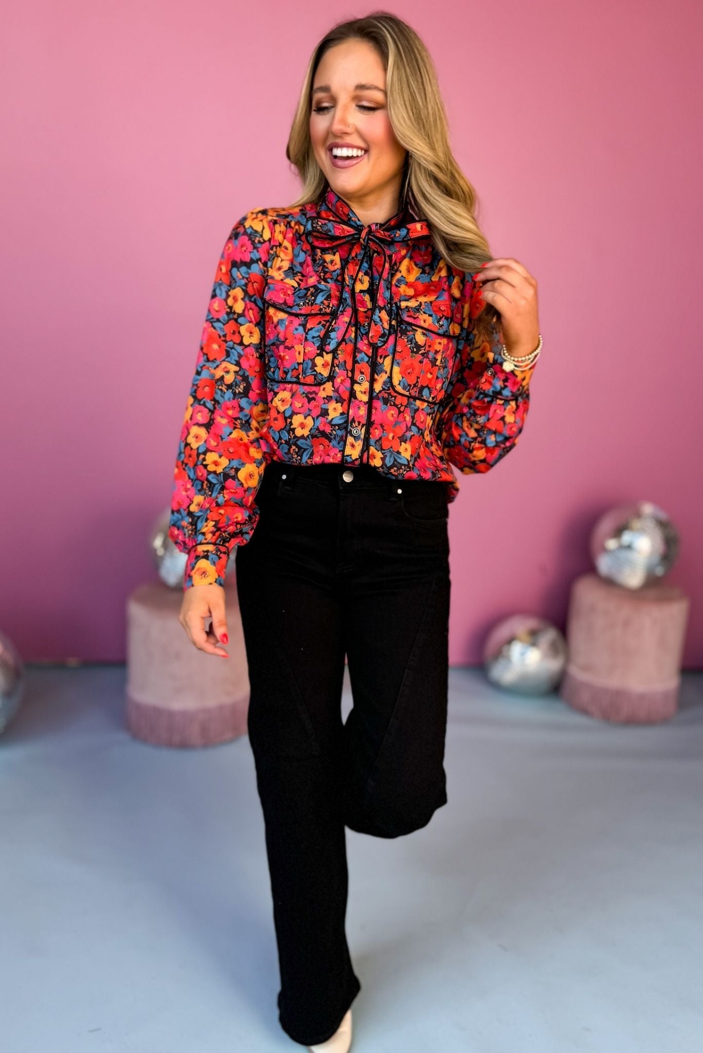 Black Floral Printed Tie Neck Contrast Piping Top, must have top, must have style, office style, winter fashion, elevated style, elevated top, mom style, work top, shop style your senses by mallory fitzsimmons