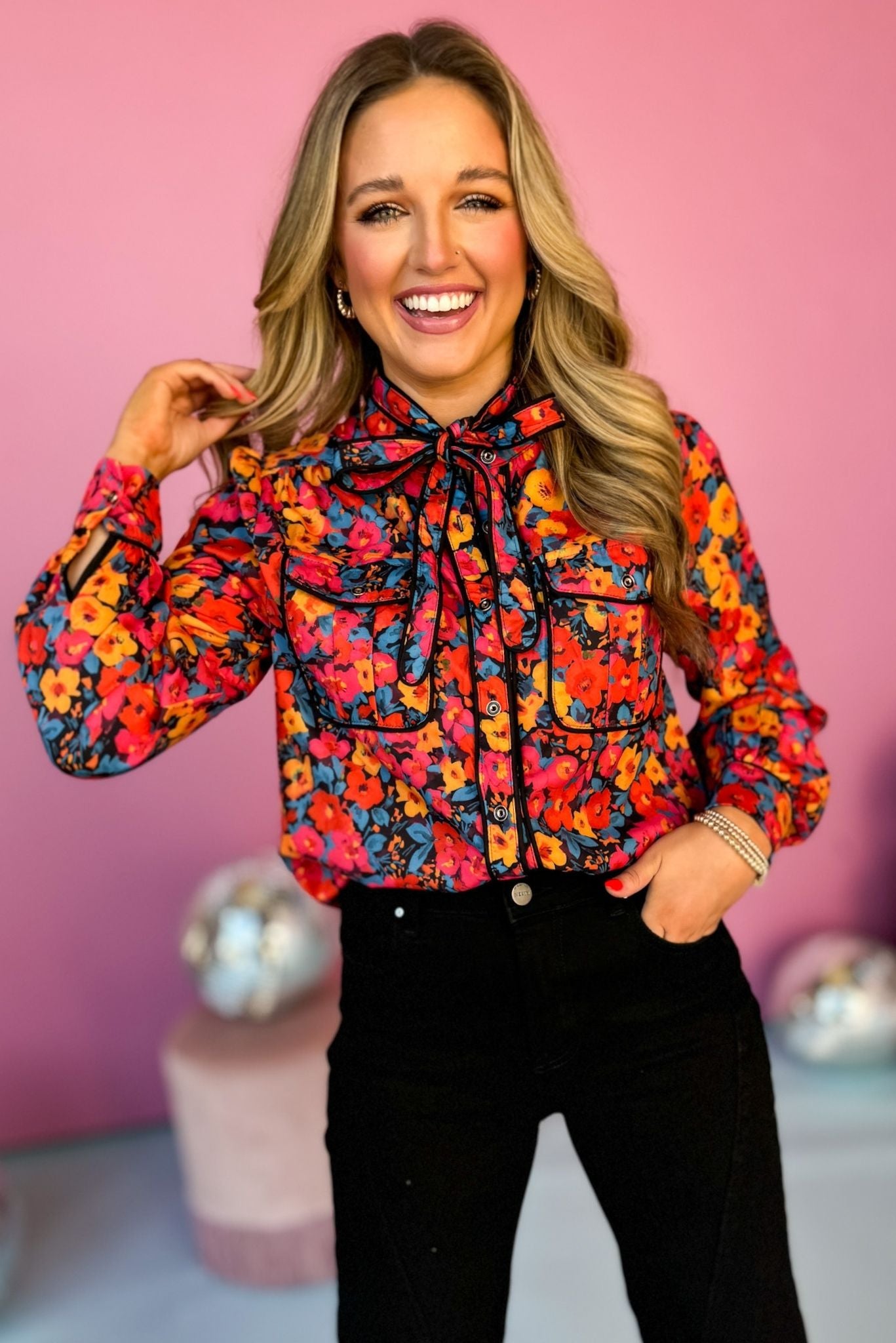 Black Floral Printed Tie Neck Contrast Piping Top, must have top, must have style, office style, winter fashion, elevated style, elevated top, mom style, work top, shop style your senses by mallory fitzsimmons