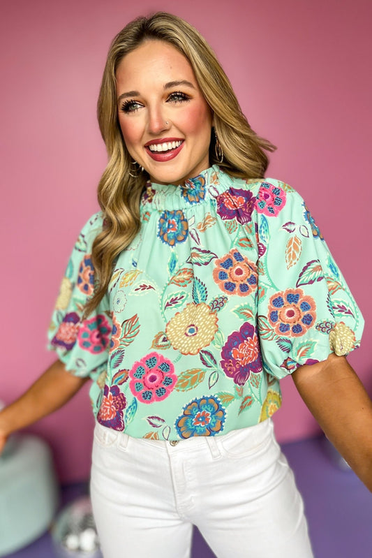 THML Mint Multi Floral Frill Mock Neck Puff Short Sleeve Top, theme top, printed top, must have top, must have style, summer style, spring fashion, elevated style, elevated top, mom style, shop style your senses by mallory fitzsimmons, ssys by mallory fitzsimmons