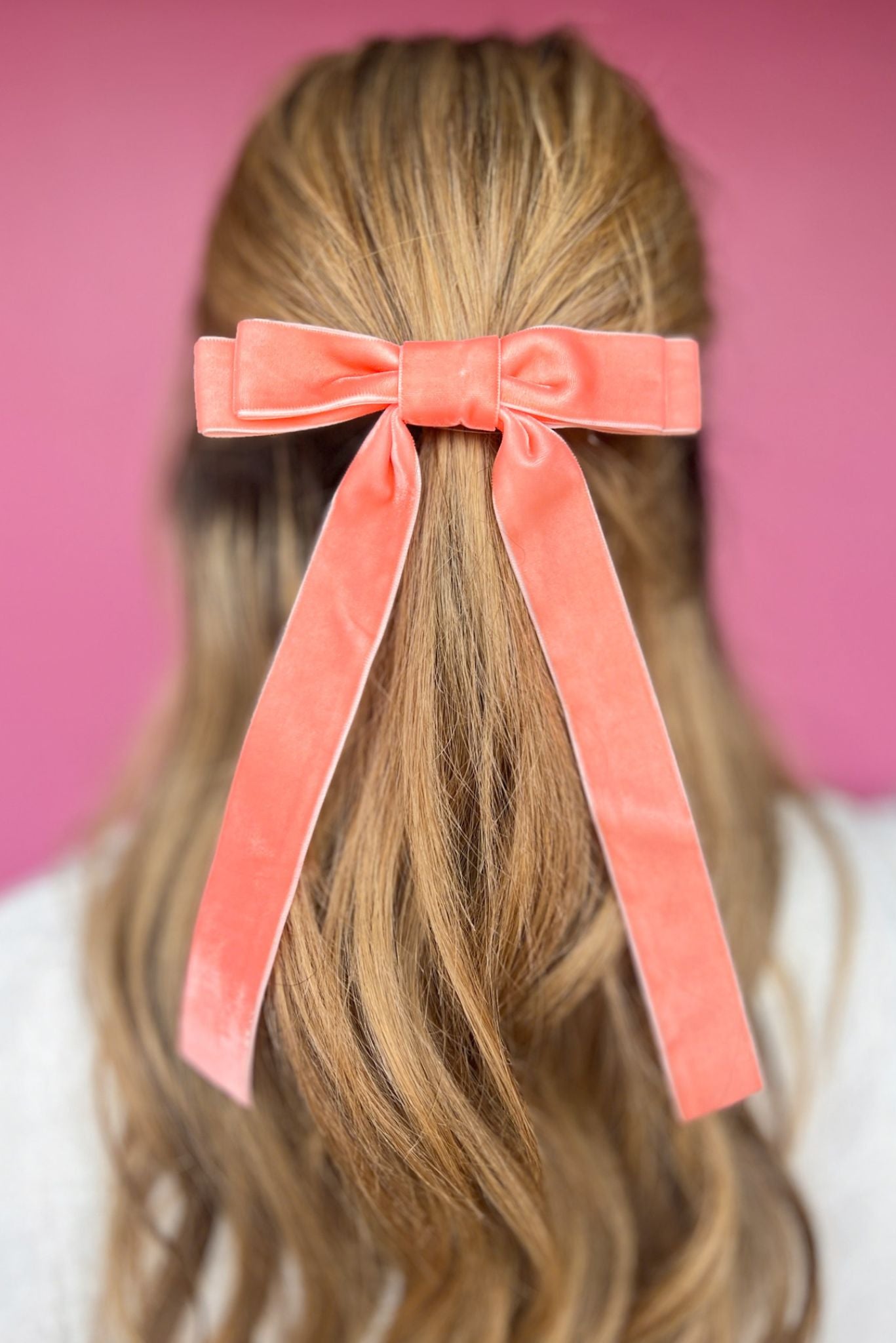 Coral Double Velvet Long Tail Bow, accessory, hair accessory, bow, must have bow, velvet bow, shop style your senses by mallory fitzsimmons, ssys by mallory fitzsimmons