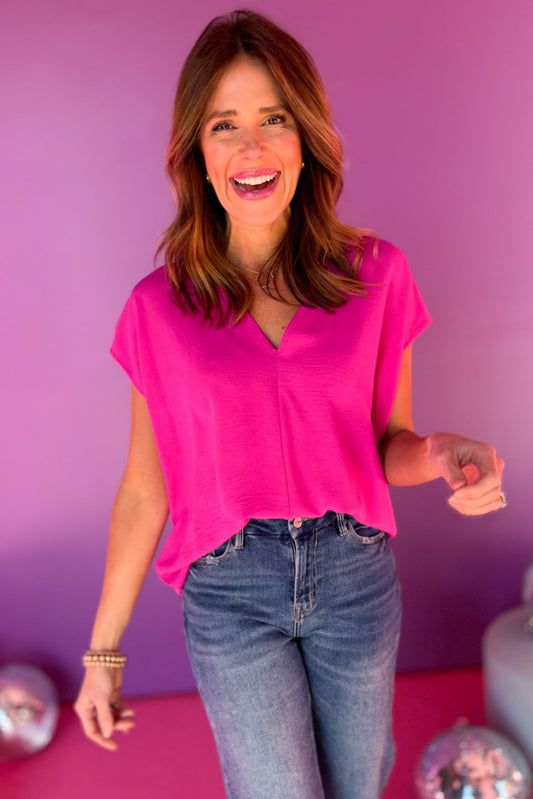 Hot Pink Split Neck Short Sleeve Top *FINAL SALE* *Final Sale*, must have top, must have style, office style, spring fashion, elevated style, elevated top, mom style, work top, shop style your senses by mallory fitzsimmons