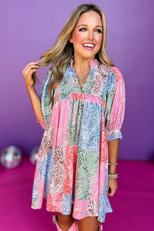 Blue Multi Paisley Frill Split Neck 3/4 Quarter Band Sleeve Dress, paisley dress, patchwork dress, must have dress, must have style, weekend style, brunch style, spring fashion, elevated style, elevated style, mom style, shop style your senses by mallory fitzsimmons, ssys by mallory fitzsimmons