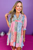 Blue Multi Paisley Frill Split Neck 3/4 Quarter Band Sleeve Dress, paisley dress, patchwork dress, must have dress, must have style, weekend style, brunch style, spring fashion, elevated style, elevated style, mom style, shop style your senses by mallory fitzsimmons, ssys by mallory fitzsimmons