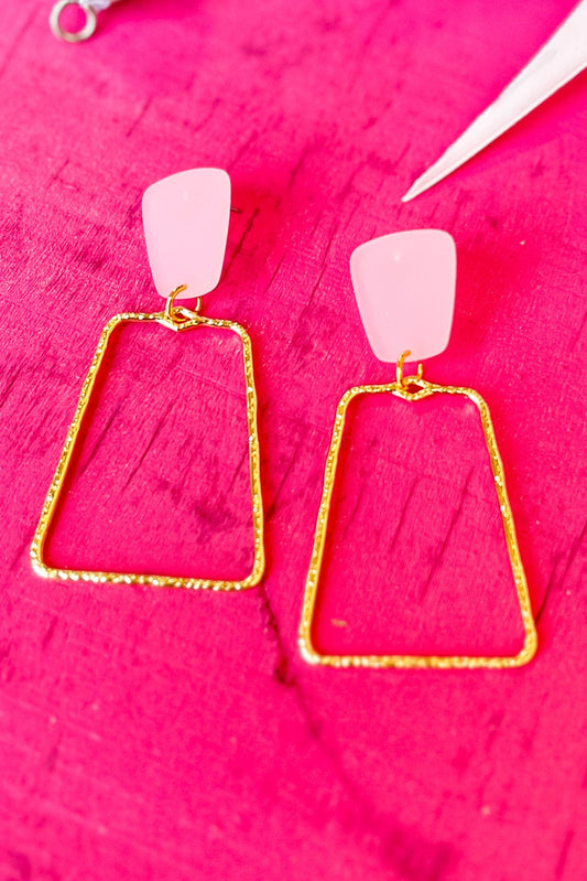 Baby Pink Stone Open Rectangle Hoop Earrings