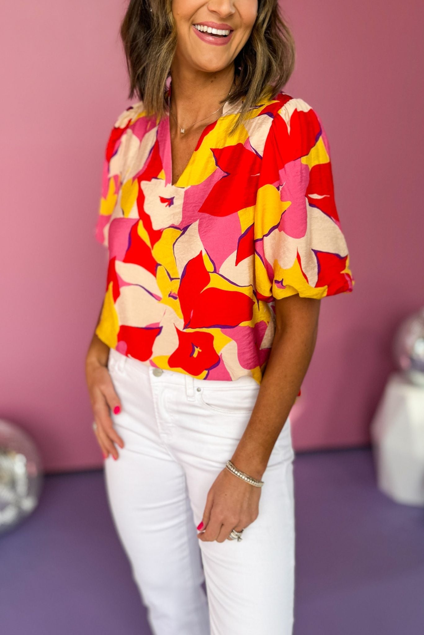 Red Floral V Neck Band Collar Puff Sleeve Top, floral top, bright top, must have top, must have style, office style, spring fashion, elevated style, elevated top, mom style, work top, shop style your senses by mallory fitzsimmons, ssys by mallory fitzsimmons