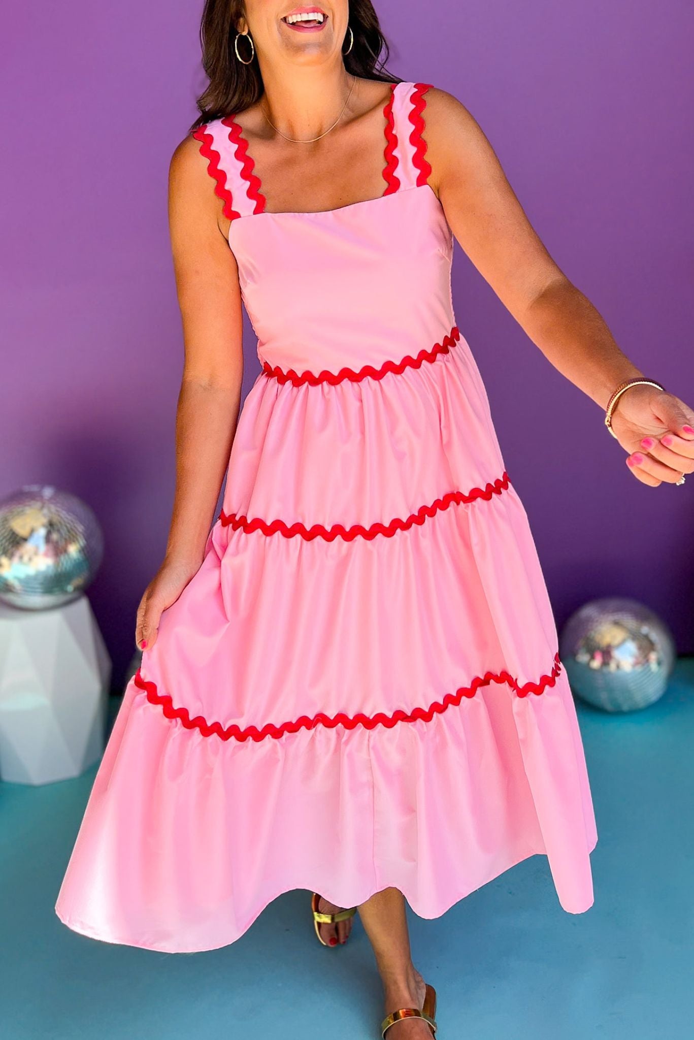 Pink Contrast Ric Rac Detail Multi Tiered Midi Dress, ric rac dress, midi dress, elevated dress, must have dress, spring dress, spring fashion, must have style, trendy style, mom style, shop style your senses by mallory fitzsimmons, ssys by mallory fitzsimmons