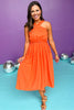 Orange Halter Cinched Waist Tiered Midi Dress, must have dress, must have style, weekend style, brunch style, spring fashion, elevated style, elevated style, mom style, shop style your senses by mallory fitzsimmons, ssys by mallory fitzsimmons