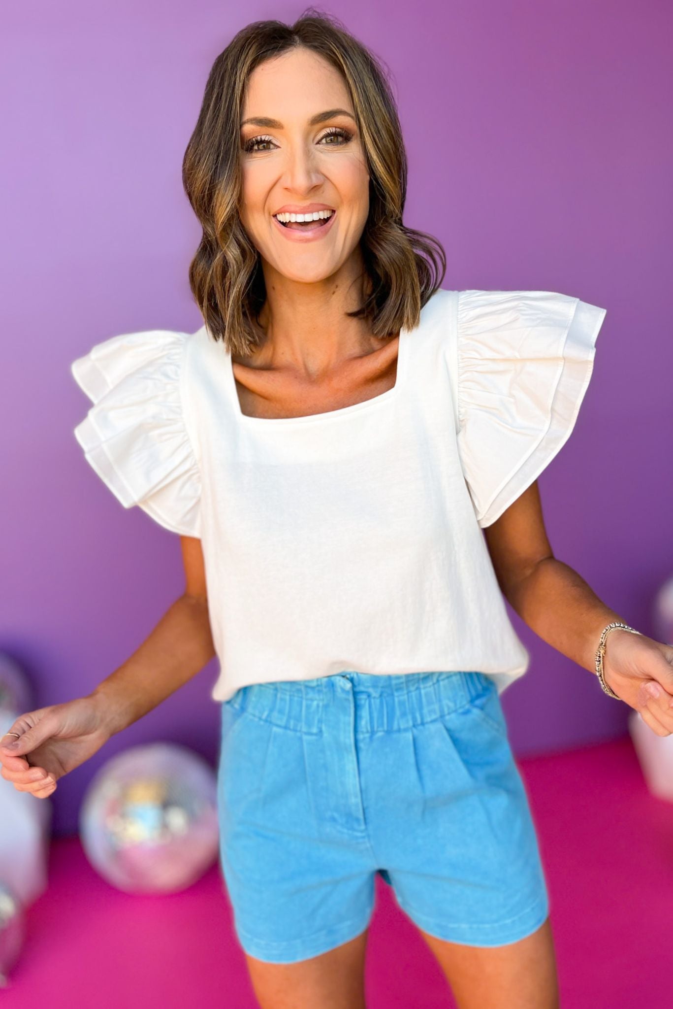 Off White Square Neck Ruffle Sleeve Top, flutter sleeve top, must have top, must have style, summer style, spring fashion, elevated style, elevated top, mom style, shop style your senses by mallory fitzsimmons, ssys by mallory fitzsimmons
