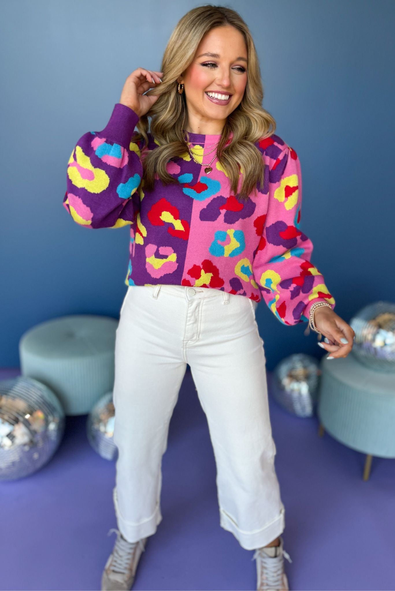 Pink Purple Color Block Animal Print Sweater