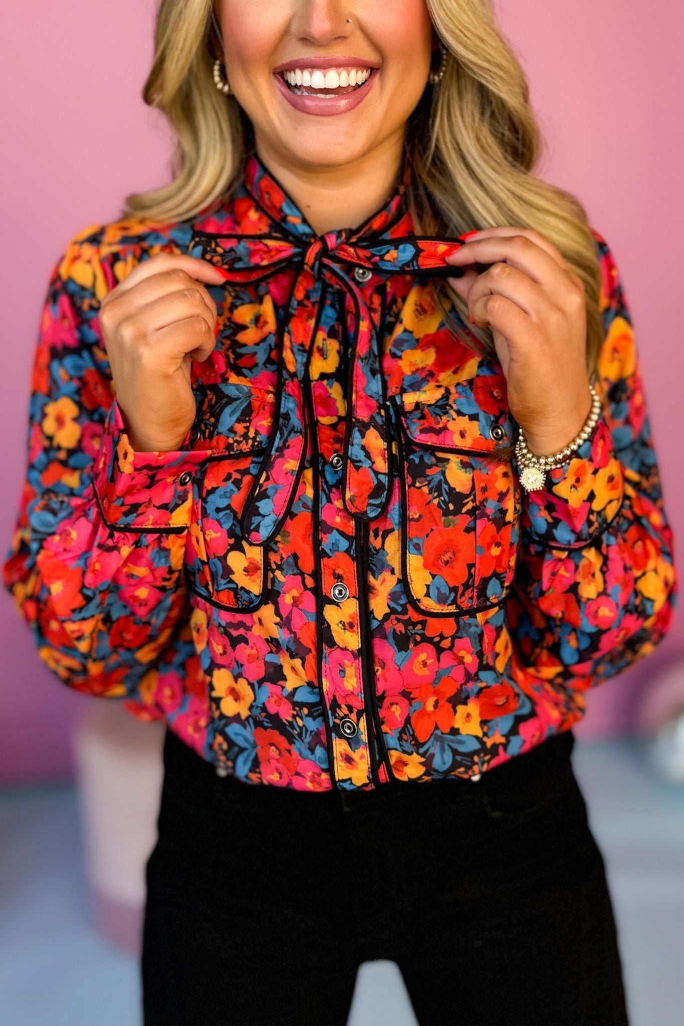 Black Floral Printed Tie Neck Contrast Piping Top, must have top, must have style, office style, winter fashion, elevated style, elevated top, mom style, work top, shop style your senses by mallory fitzsimmons