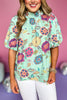 THML Mint Multi Floral Frill Mock Neck Puff Short Sleeve Top, theme top, printed top, must have top, must have style, summer style, spring fashion, elevated style, elevated top, mom style, shop style your senses by mallory fitzsimmons, ssys by mallory fitzsimmons  Edit alt text