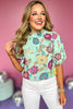 THML Mint Multi Floral Frill Mock Neck Puff Short Sleeve Top, theme top, printed top, must have top, must have style, summer style, spring fashion, elevated style, elevated top, mom style, shop style your senses by mallory fitzsimmons, ssys by mallory fitzsimmons  Edit alt text