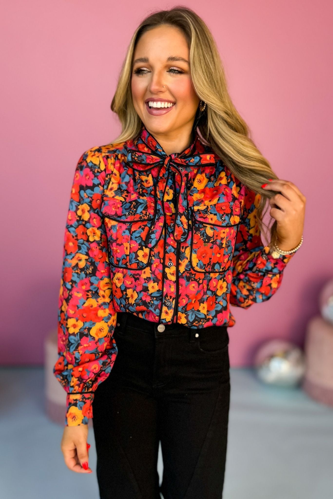 Black Floral Printed Tie Neck Contrast Piping Top, must have top, must have style, office style, winter fashion, elevated style, elevated top, mom style, work top, shop style your senses by mallory fitzsimmons